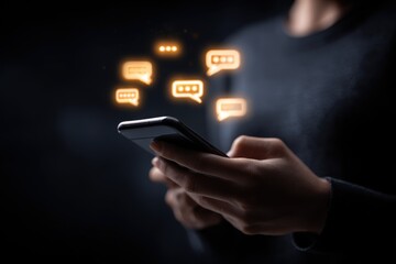 Person holding a smartphone with glowing chat icons in a dark environment while engaging in digital communication during the evening hours