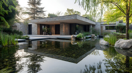 Fototapeta premium Contemporary Stone-Clad House Reflected in a Serene Garden Pond with Lush Greenery