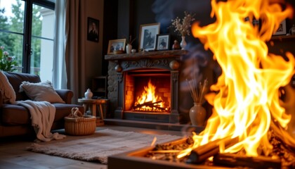 a room with a burning fire in front of a couch. the fire is causing a significant amount of smoke to fill the space.
