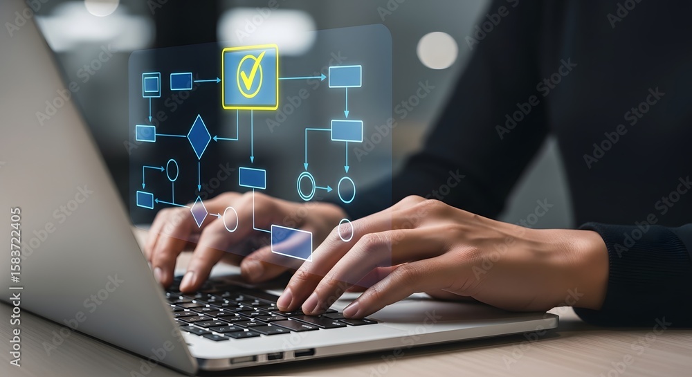 Poster workflow automation flowchart process diagram business strategy technology management system laptop