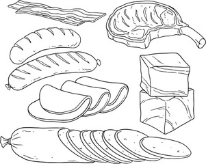 Hand-drawn vector illustration set of various meat products, including raw steak, bacon strips, sausages, sliced ham, and blocks of meat. Perfect for butcher shops, deli menus, or any food-related.
