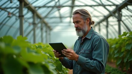 Fototapeta premium Farmer using tablet in greenhouse