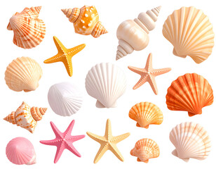3D assorted seashell collection on white background, high-resolution glossy summer be transparent background.