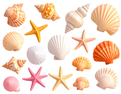 3D assorted seashell collection on white background, high-resolution glossy summer be transparent background.
