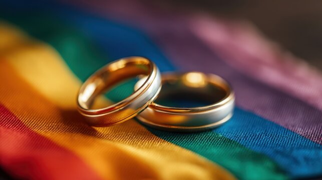 The elegant wedding rings resting on a vibrant rainbow pride flag.