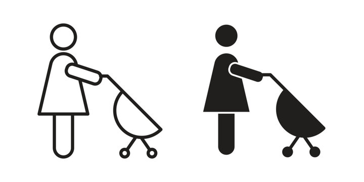 Woman with Baby Stroller icons designed in filled, outline, line and stroke style