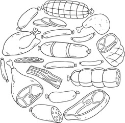 Hand-drawn vector illustration set of various fresh and processed meats, including steaks, sausages, ham, and bacon, arranged in a circle. Perfect for butcher shops, deli menus, or any food-related.