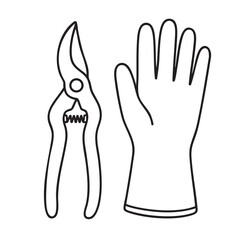 Gardening tools outline illustration pruning shears and gardening glove on a white background