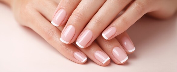 Naklejka premium The elegant manicure showcasing perfectly polished pink nails with white tips.