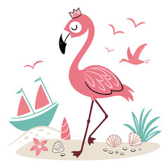 Ocean Breeze colored Flamingo with a Playful touch, placed in a Beach day theme and styled with with a tiny crown
