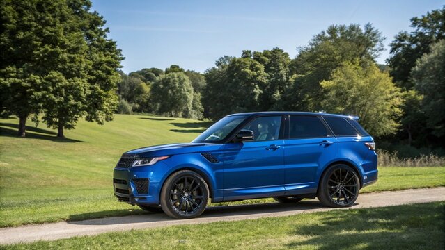 blue range rover sport side view parked in nature