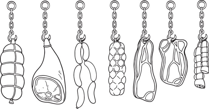 Hand-drawn vector illustration set of various hanging cured meats and sausages, including ham, salami, and other cuts. Ideal for butcher shops, deli menus.