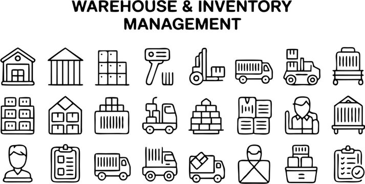 Modern Warehouse & Inventory Management Vector Icon Set featuring forklifts, boxes, barcodes, shelves, scanners, and charts—ideal for logistics and ERP apps.
