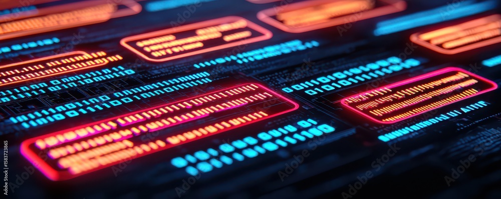 Poster close-up of glowing futuristic digital interface with neon code and data panels in blue and orange h