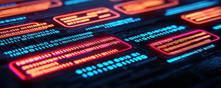 Close-up of glowing futuristic digital interface with neon code and data panels in blue and orange hues.