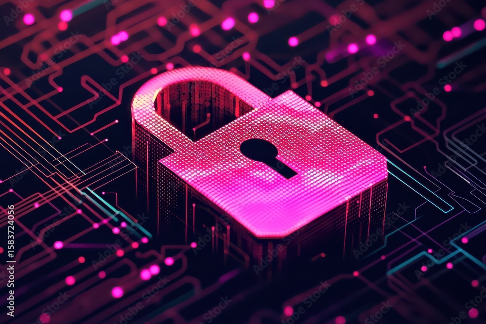 Poster a glowing pink digital padlock symbolizing cybersecurity and data protection on a circuit board back