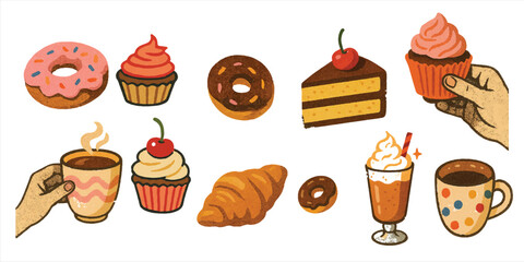 Trendy Halftone Retro Hand-Drawn Vector Illustrations of Donuts, Cupcakes, Cake, Croissant, and Hands Holding Mugs and Sweets in Vintage Doodle Style, Modern retro vector illustration for mixed media.