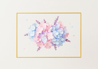 A framed artwork displays a beautiful arrangement of pink and blue hydrangeas with lavender sprigs, isolated on white background
