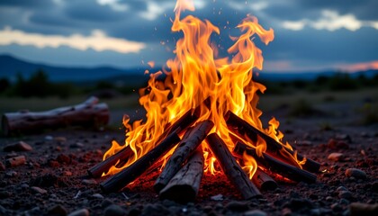 an outdoor setting where a fire is burning amidst what appears to be a camping environment. flames are visible above and around wood logs, suggesting that this is a real fire