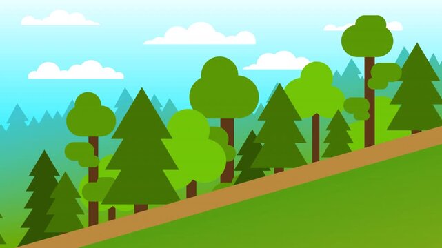 Cartoon Forest Landscape with Uphill Road. Uphill forest road, green trees, and bright blue sky with clouds. Looped animation