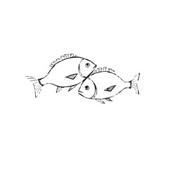 Two stylized black and white fish swimming together in a simple line drawing
