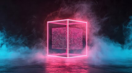 A glowing neon cube with binary code inside floats amid colorful smoke in a dark, futuristic digital environment.