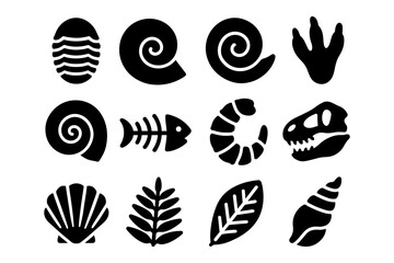 Black silhouette icons of fossils and nature elements in simple style