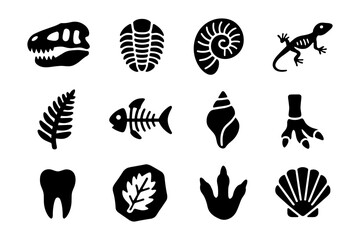 Silhouette fossil icons: dinosaur skull, trilobite, ammonite, and more