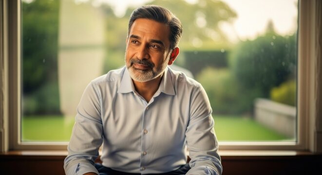 A thoughtful man with a beard gazes out the window, wearing a light blue shirt, creating a serene and contemplative portrait suitable for lifestyle or business themes.