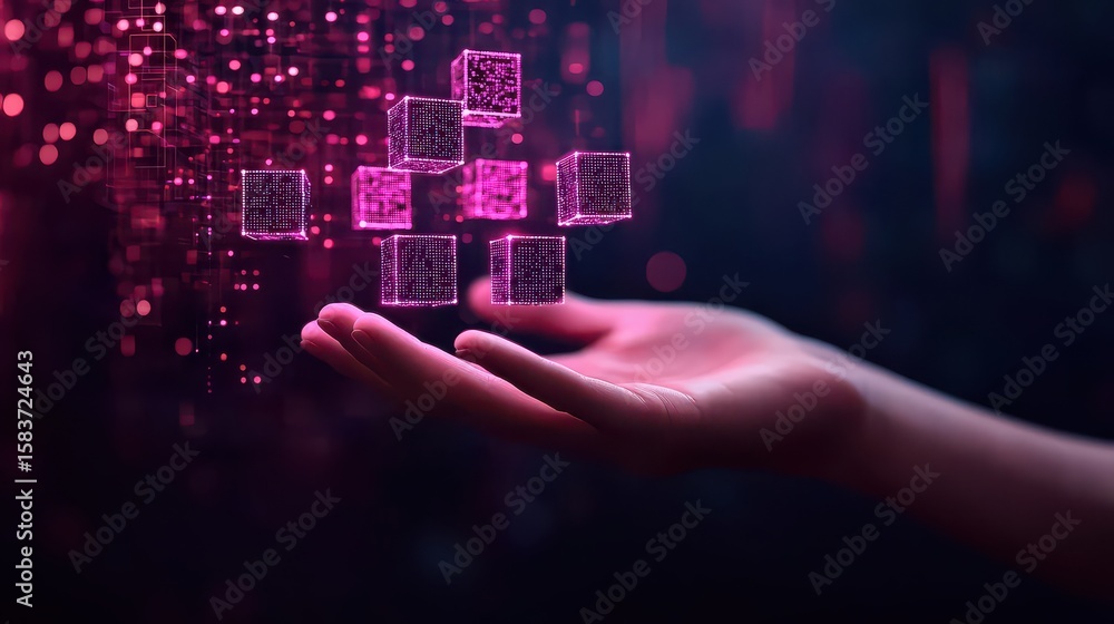 Poster a hand reaches out towards floating pink digital cubes, symbolizing futuristic technology and virtua