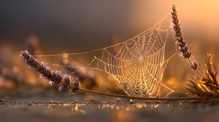 Close up of dew covered spider web stretched between two lavender stem sunrise glowing golden bokeh background extreme macro realism intricate web detail crystal clear water droplet ground level macro