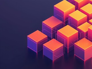 Glowing orange and purple cubic shapes arranged in a dynamic, futuristic pattern on a dark background.