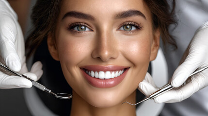 Smiling young woman at dental checkup with dentist using instruments for oral health examination