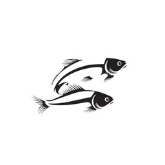 Two stylized black fish swimming together in a graceful silhouette against a white background
