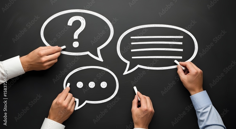 Aufkleber chalkboard communication question discussion speech bubbles message dialogue conversation hands draw