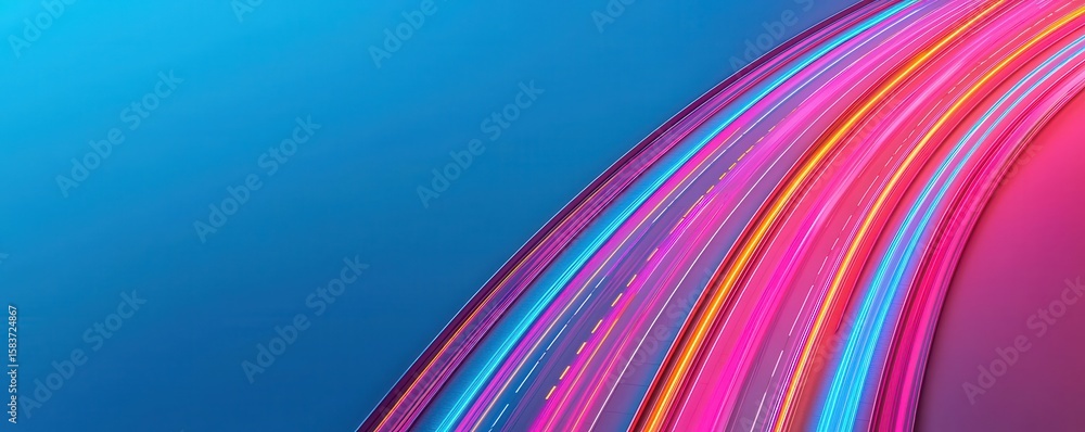 Poster brightly colored neon light trails curve across a blue and pink gradient background, creating a dyna