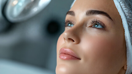 Face of young woman with smooth skin at a skincare clinic under soft lighting, concept beauty treatment, cosmetic care.