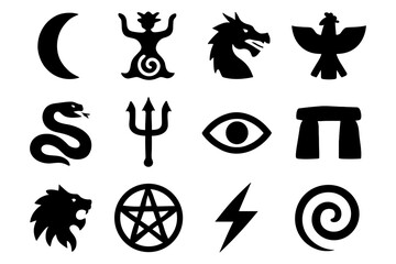 Mystical symbols collection: moon, mythical creatures, and ancient icons in bold black silhouette