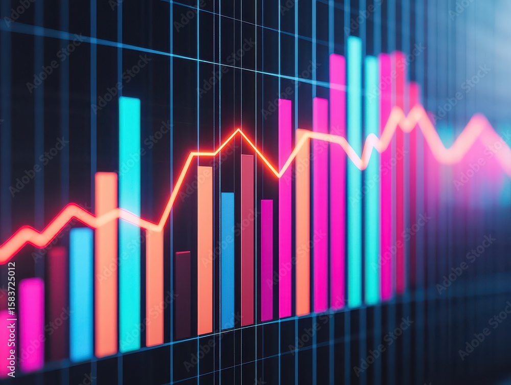 Poster neon-colored bar and line graphs illustrating fluctuating data trends on a digital interface with a 
