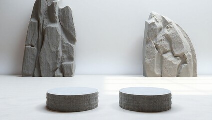 Minimalist scene with textured rock formations and circular platforms