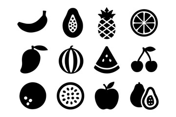 Collection of fruit icons in bold black silhouette style