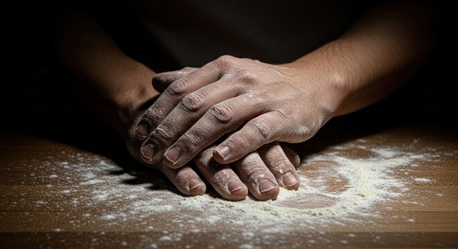 flour dusted hands resting on a rustic wooden table, in a dramatic low key lighting