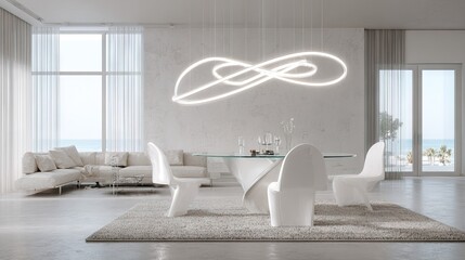 Modern, minimalist dining area with contemporary furnishings.