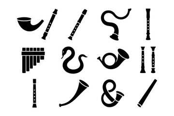 Fototapeta premium Silhouette musical instruments set: pipes, horns, and flute icons collection