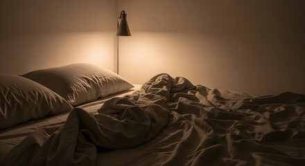 A dimly lit bedroom scene featuring an unmade bed with rumpled sheets and pillows, illuminated by a wall lamp.