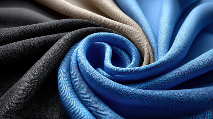 Colorful swirl of textured fabrics in black, beige, and blue, textile background