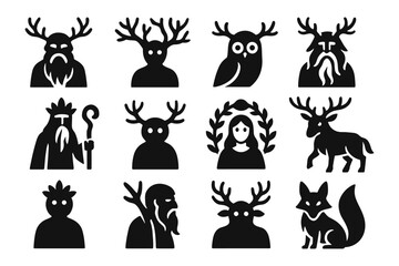 Mystical forest icons: mythical creatures and woodland silhouettes