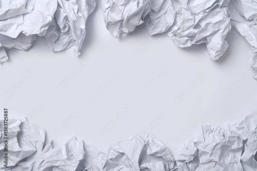 Poster crumpled white paper pieces surrounded by empty space capturing an abstract essence for creative pro