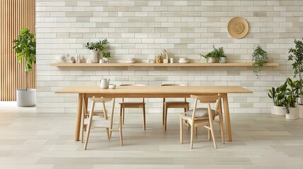 Light-colored wooden dining room with a light-beige brick wall.