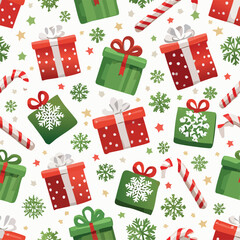 Festive Christmas gift pattern featuring red and green presents, candy canes, snowflakes, and stars.